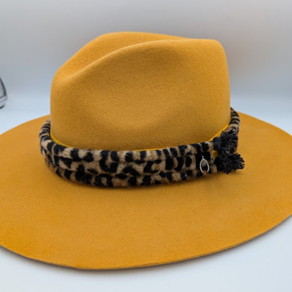 Mustard Yellow Wide-Brim Fedora with Leopard Band